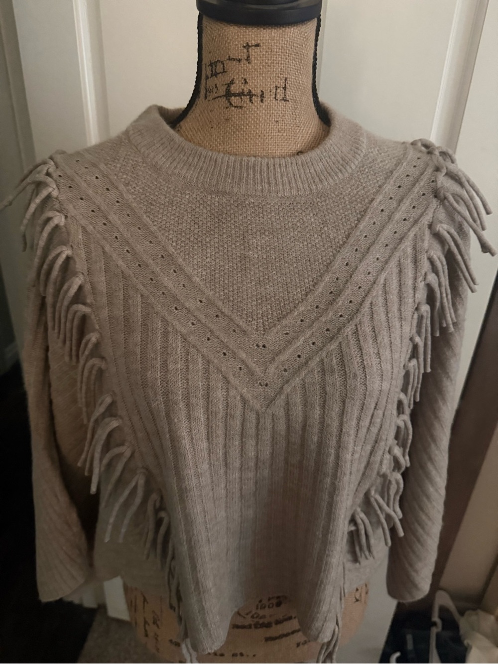 Ariat Taupe Fringe Rib-Knit Crew Sweater